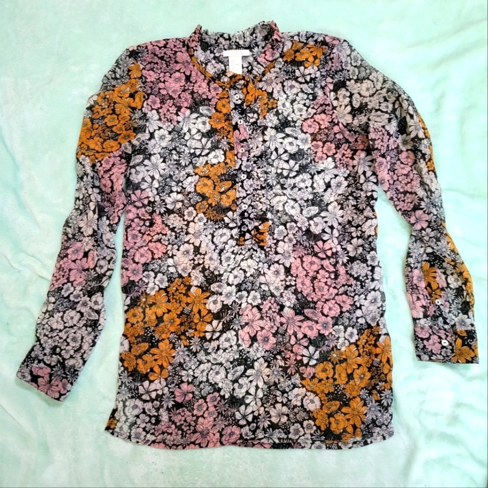 H&M nehru frill collar blouse with long sleeve and flower pattern